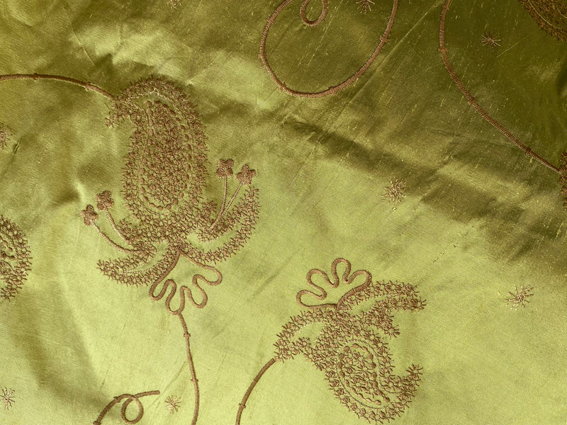 NEW Duchess Daria 100% Silk Dupioni Embroidered Floral Fabric- Chartreuse Gold with Copper Flowers