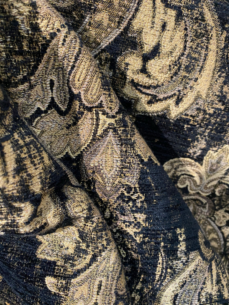 NEW! Duke Dragonus Designer Kilim Rug Inspired Medallion Upholstery Chenille Fabric- Black and Gold