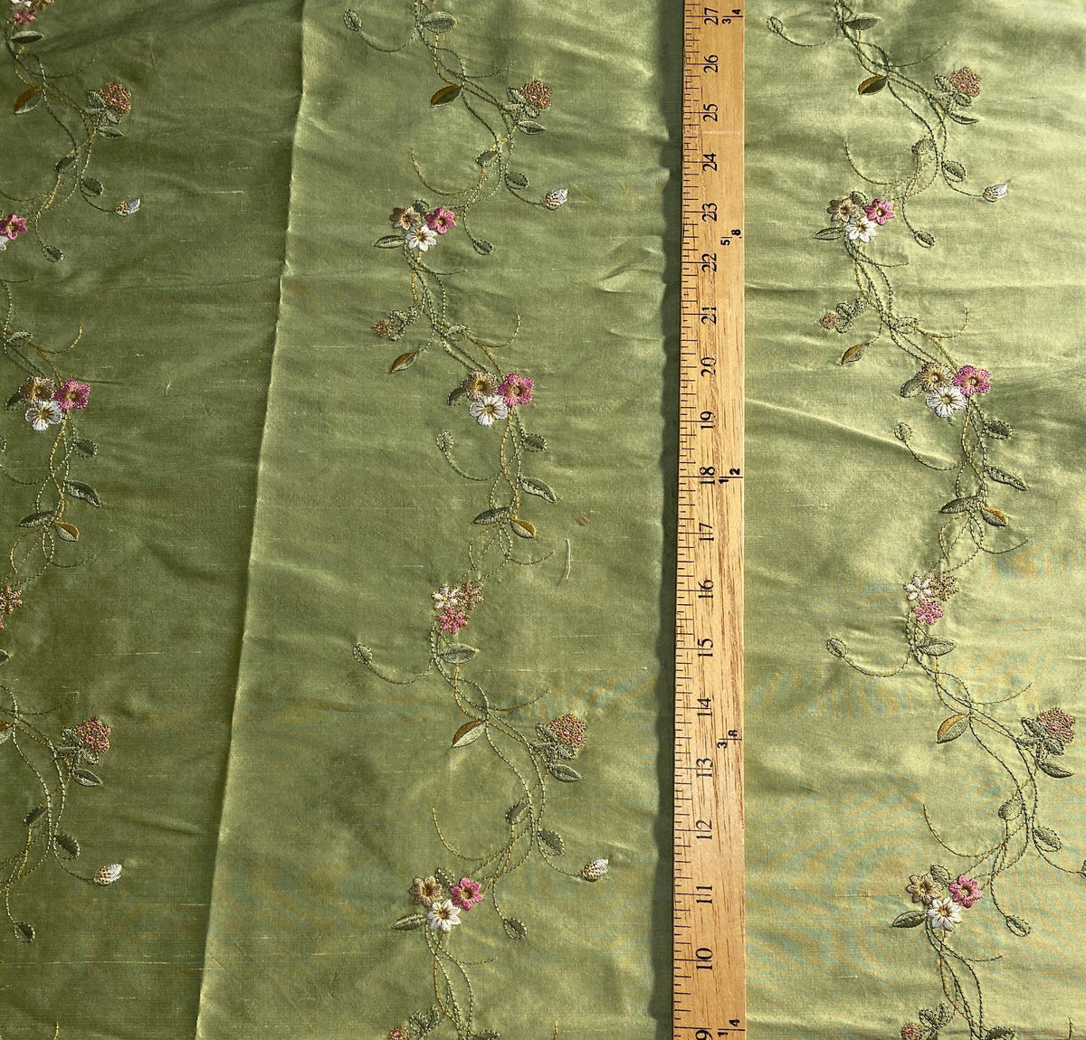 NEW Duchess Rowena Designer 100% Silk Dupioni - Pistachio Green with Floral Embroidery Vines - Fancy Styles Fabric Pierre Frey Lee Jofa Brunschwig & Fils