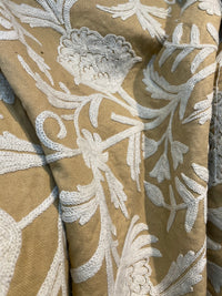 NEW! SALE! Lady Gelina Novelty Crewel Embroidered 100% Cotton Fabric Camel and White - Fancy Styles Fabric Pierre Frey Lee Jofa Brunschwig & Fils