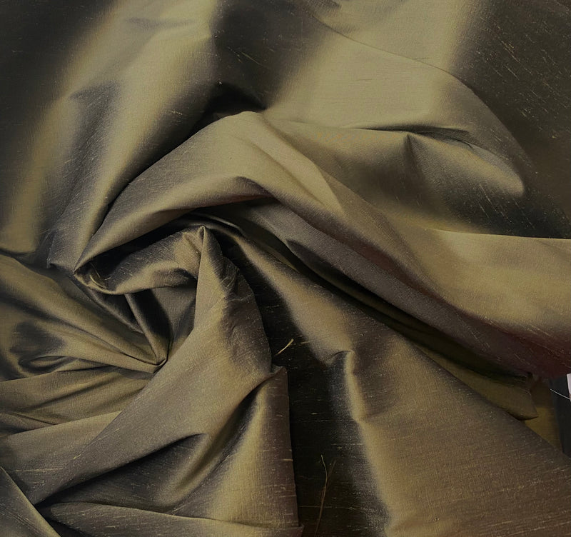 NEW Duchess Mable 100% Silk Dupioni - Solid Olive Green with Black Iridescence Fabric SS_19