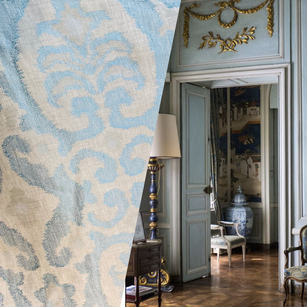 NEW COLOR! Duke Drake Novelty Imported 100% Linen Woven Medallion Fabric Blue and White - Fancy Styles Fabric Pierre Frey Lee Jofa Brunschwig & Fils