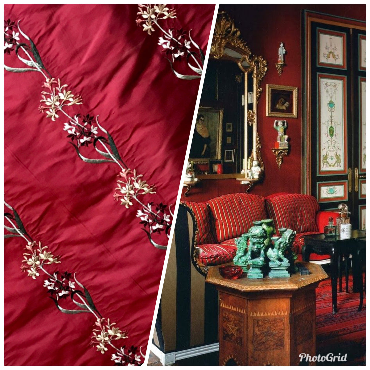 NEW Duchess Nicole Designer 100% Silk Dupioni Embroidered Floral Rows Fabric- Dark Red Iridescent - Fancy Styles Fabric Pierre Frey Lee Jofa Brunschwig & Fils