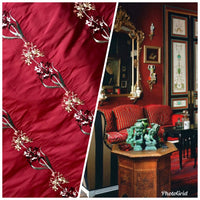 NEW Duchess Nicole Designer 100% Silk Dupioni Embroidered Floral Rows Fabric- Dark Red Iridescent - Fancy Styles Fabric Pierre Frey Lee Jofa Brunschwig & Fils