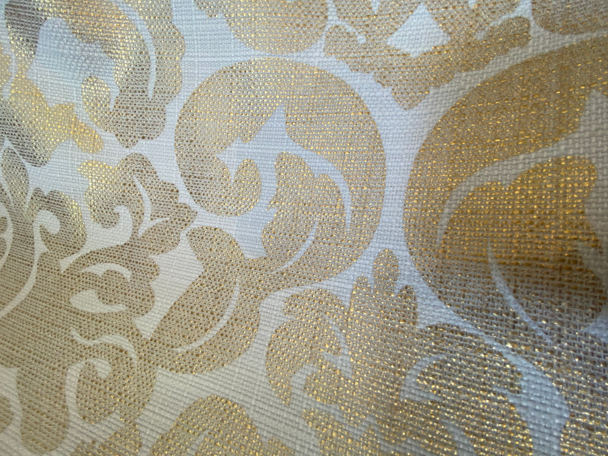 NEW Sir Jacques Metallic Linen Inspired Upholstery Damask Print Drapery Fabric- Gold White - Fancy Styles Fabric Pierre Frey Lee Jofa Brunschwig & Fils