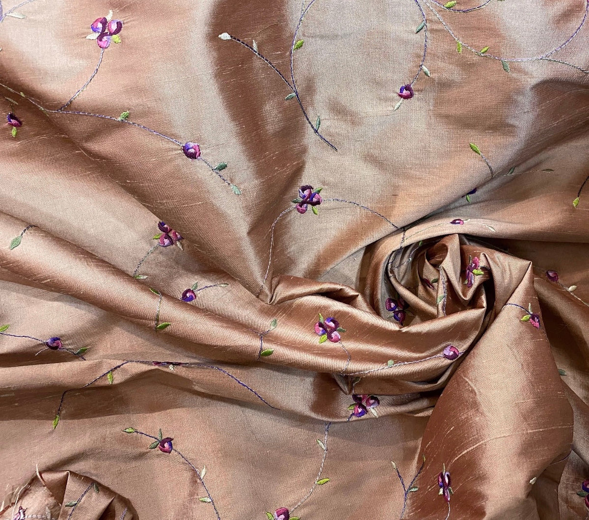 NEW Miss Jessica Designer 100% Silk Dupioni in Rose Gold with Floral Embroidery- SB_3_7 - Fancy Styles Fabric Pierre Frey Lee Jofa Brunschwig & Fils