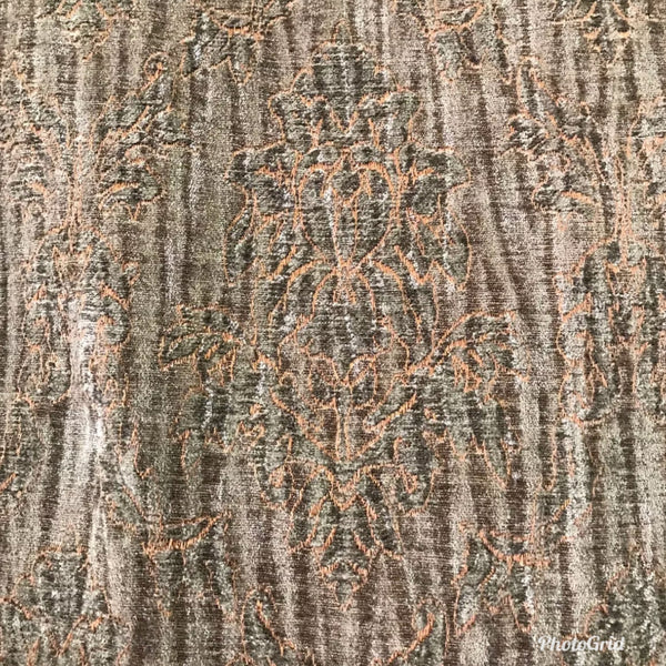SALE! Designer Crinkle Velvet Chenille Burnout Fabric - Antique Olive W/ Peach - Fancy Styles Fabric Pierre Frey Lee Jofa Brunschwig & Fils