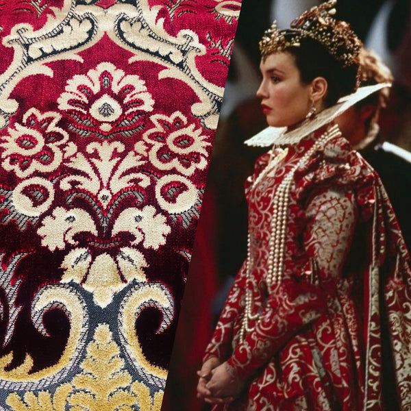 NEW Sir Scott Designer Italian Burnout Medallion Chenille Velvet Fabric Ruby Red and Beige Yellow- Upholstery