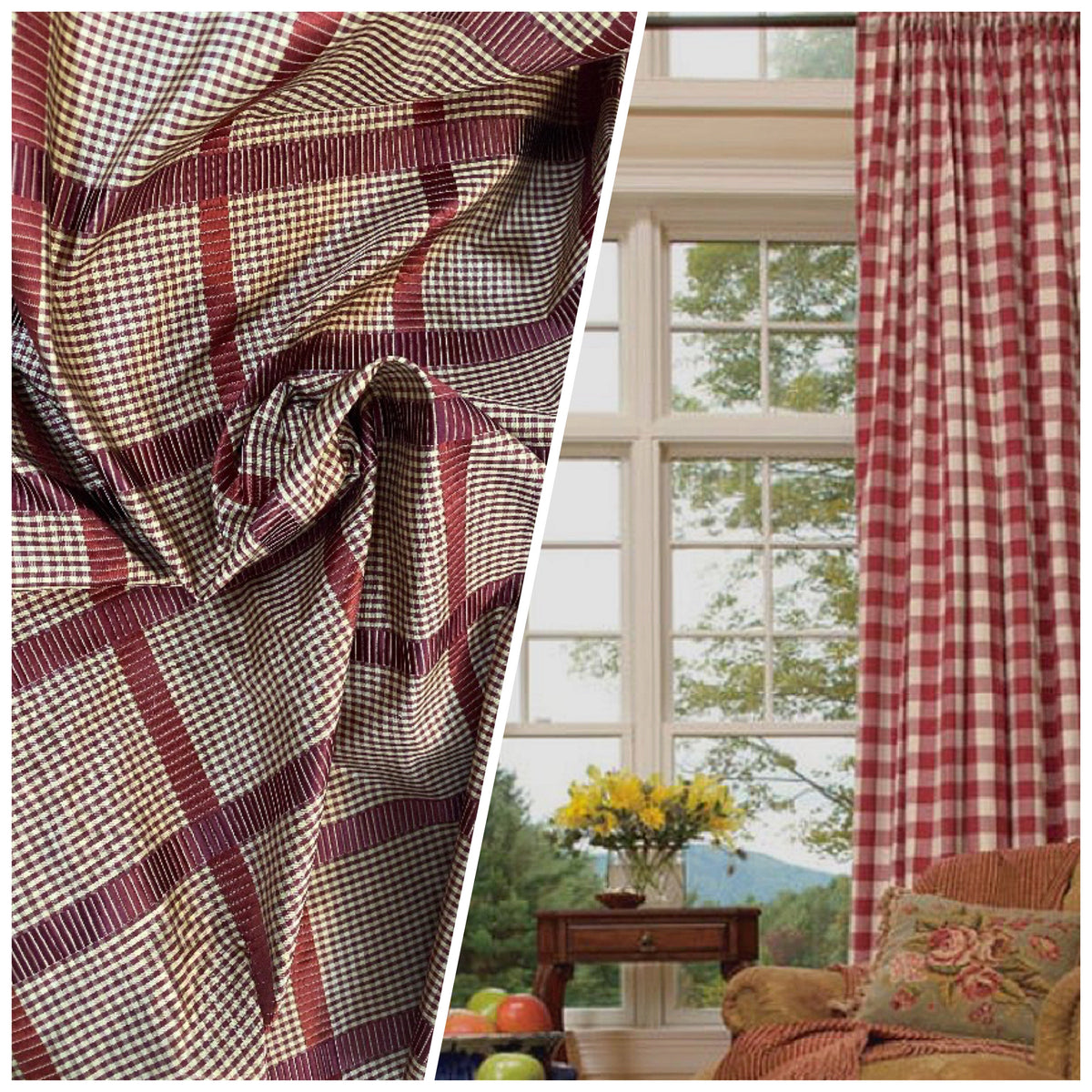 NEW! Miss Jaqueline Designer 100% Silk Taffeta Gingham Ribbon Stripes Plaid Fabric -Dark Red Beige SB_6_33 - Fancy Styles Fabric Pierre Frey Lee Jofa Brunschwig & Fils