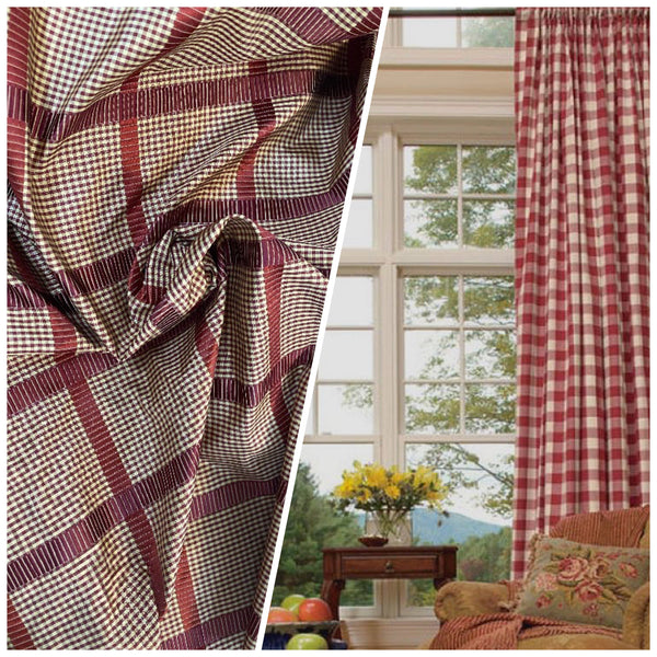NEW! Miss Jaqueline Designer 100% Silk Taffeta Gingham Ribbon Stripes Plaid Fabric -Dark Red Beige SB_6_33 - Fancy Styles Fabric Pierre Frey Lee Jofa Brunschwig & Fils