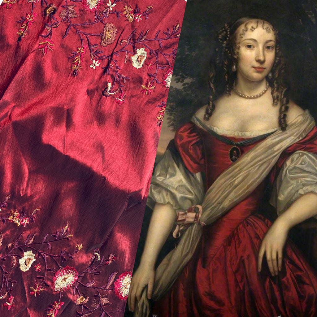 NEW! Duchess Aurora Red with Black Iridescence Faux Silk Embroidered Fabric - Fancy Styles Fabric Pierre Frey Lee Jofa Brunschwig & Fils