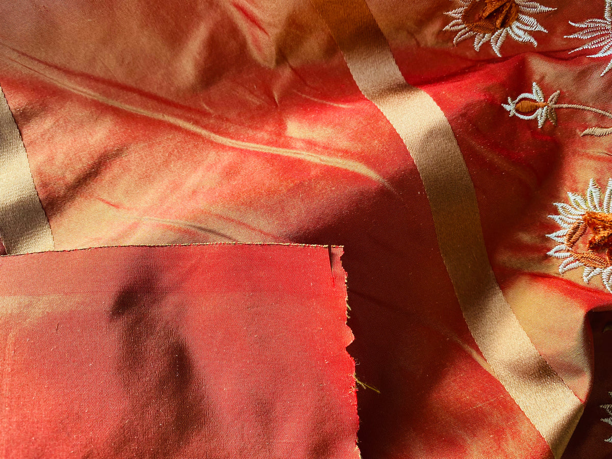 NEW Duchess Getty 100% Silk Taffeta Embroidered Scroll Stripe Floral Motif Cream Red with Gold Iridescence - Fancy Styles Fabric Pierre Frey Lee Jofa Brunschwig & Fils