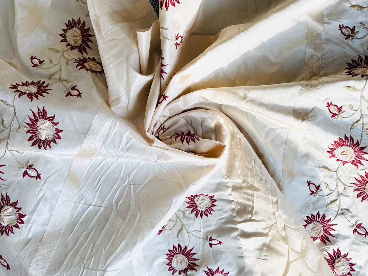 NEW Duchess Getty 100% Silk Taffeta Embroidered Scroll Stripe Floral Motif Cream White and Burgundy Red - Fancy Styles Fabric Pierre Frey Lee Jofa Brunschwig & Fils
