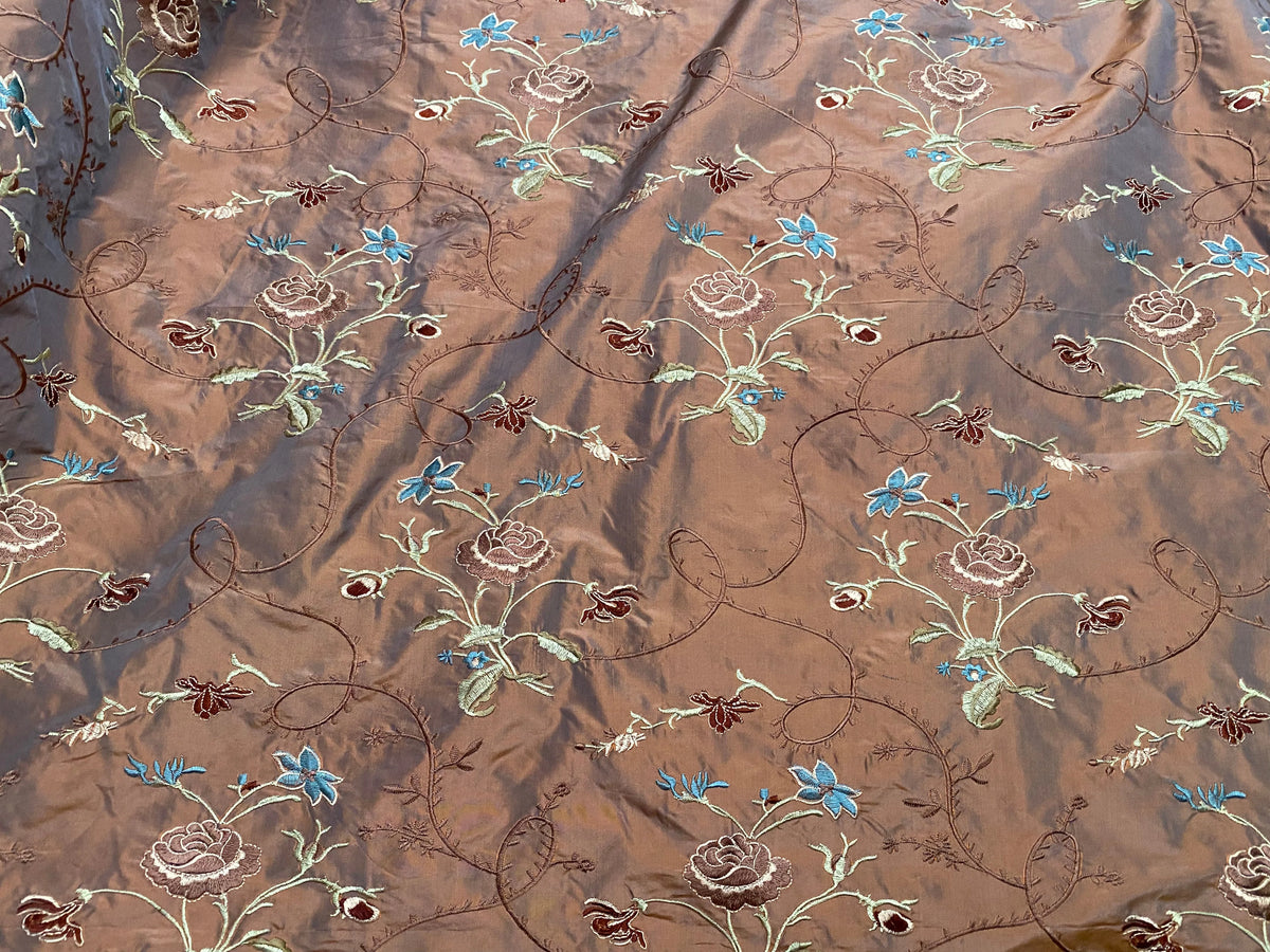 Fat Quarter: Queen Dragonia Novelty 100% Silk Dupioni Embroidered Floral Fabric - Copper Blue Iridescence - Fancy Styles Fabric Pierre Frey Lee Jofa Brunschwig & Fils