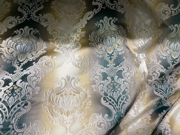 NEW King Louis XIV Novelty Neoclassical Brocade Medallion Floral Satin Fabric - Teal - Fancy Styles Fabric Pierre Frey Lee Jofa Brunschwig & Fils