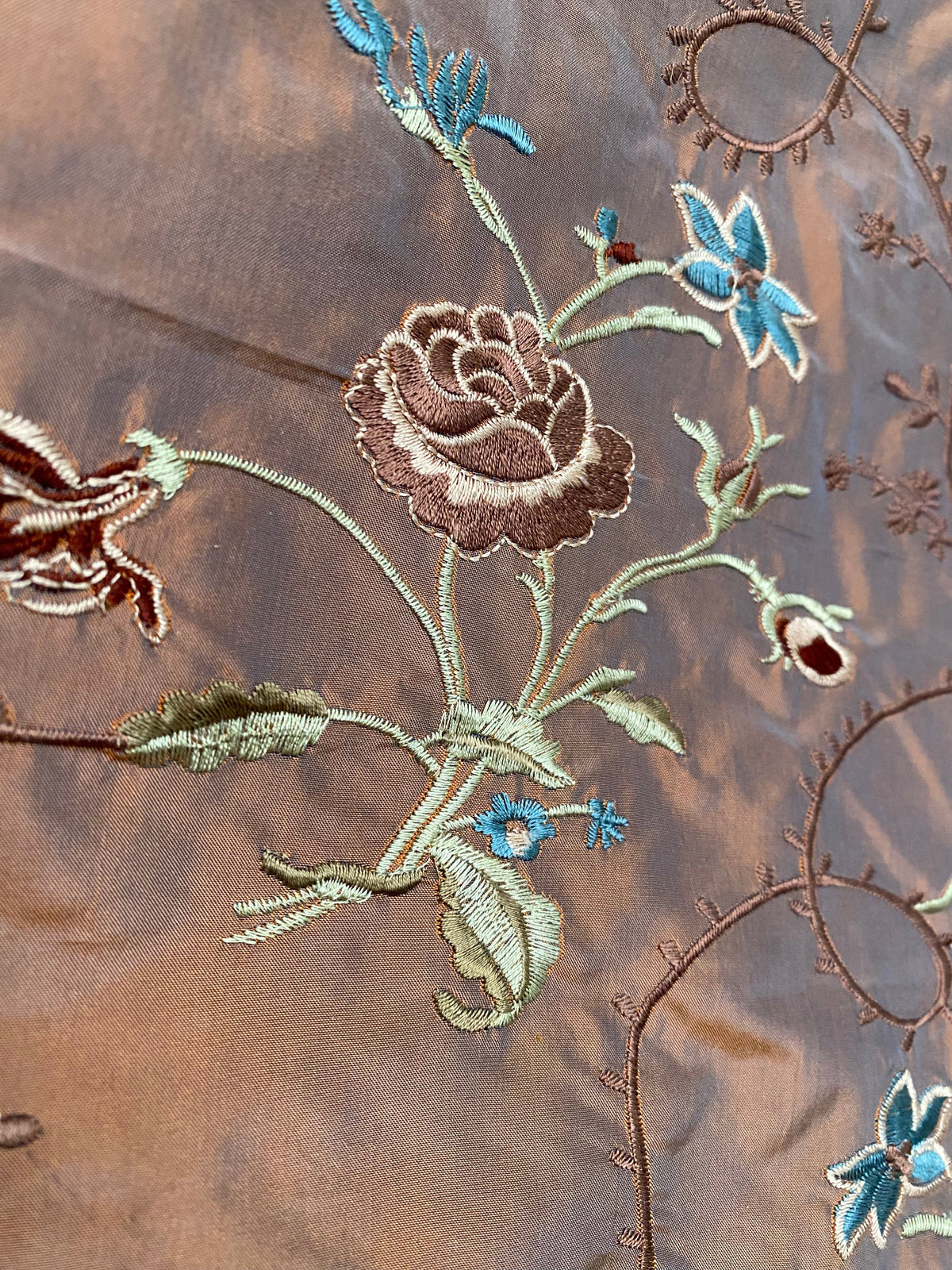 Fat Quarter: Queen Dragonia Novelty 100% Silk Dupioni Embroidered Floral Fabric - Copper Blue Iridescence - Fancy Styles Fabric Pierre Frey Lee Jofa Brunschwig & Fils