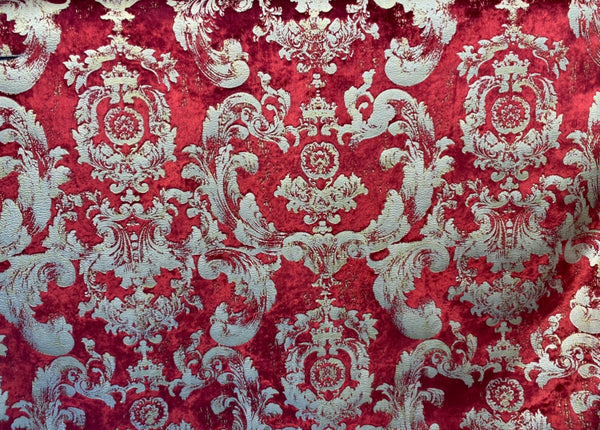 NEW! Queen Renee Designer Burnout Antique Inspired Velvet Fabric Red & Gold - Fancy Styles Fabric Pierre Frey Lee Jofa Brunschwig & Fils