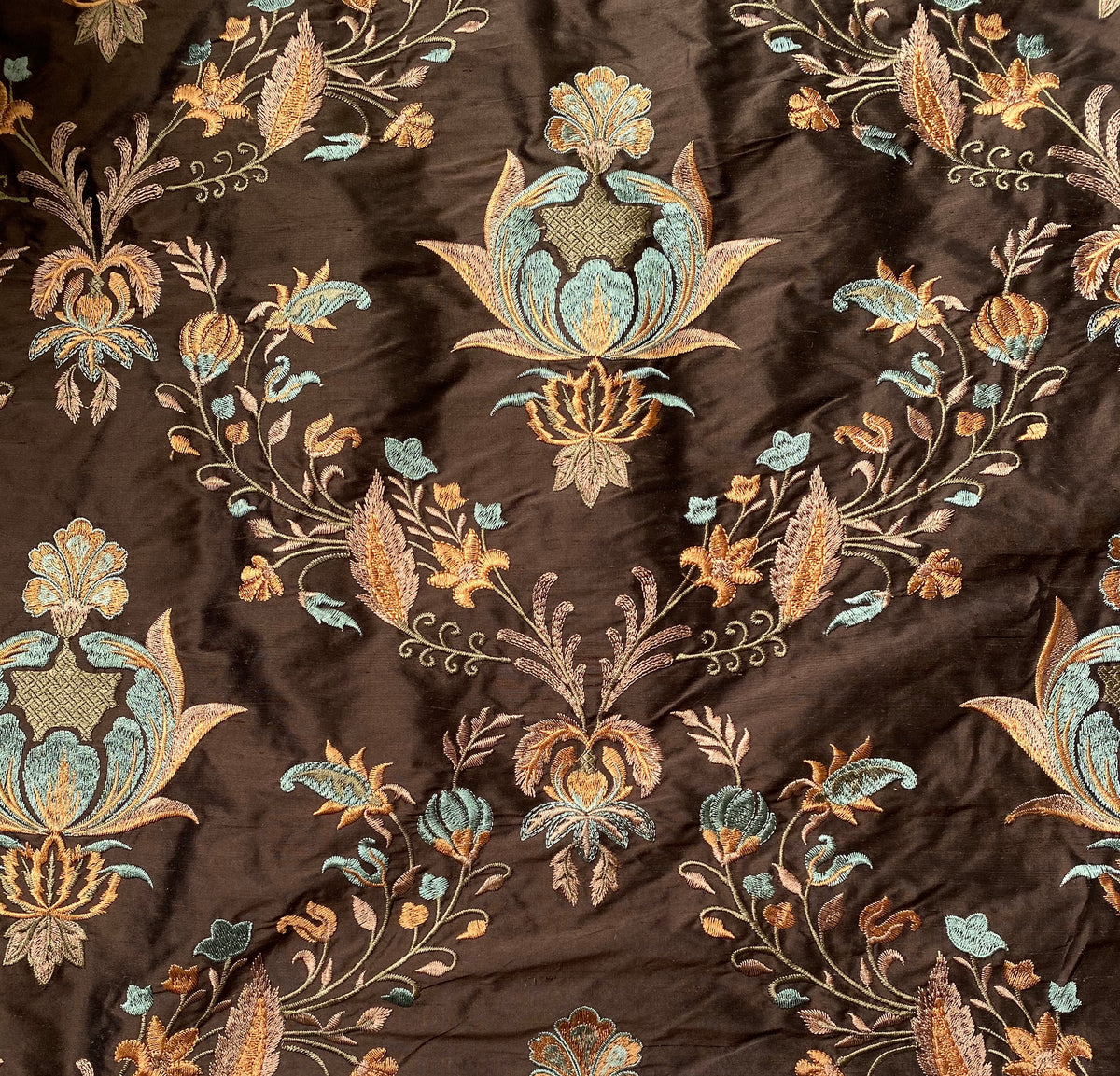 NEW! Lady Jacqueline Novelty 100% Silk Dupioni Embroidered Fabric - Made in India- Brown, Blue, Peach - Fancy Styles Fabric Pierre Frey Lee Jofa Brunschwig & Fils