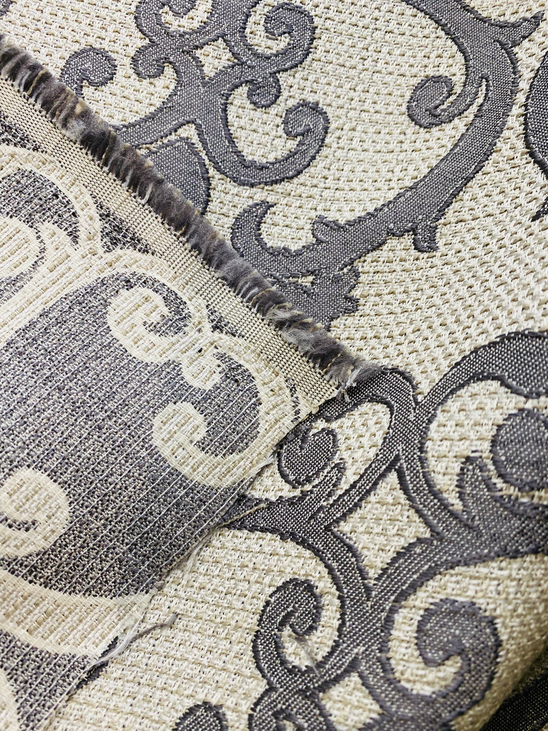 NEW! King Radcliffe Linen Inspired Woven Fabric Grey Damask On Natural