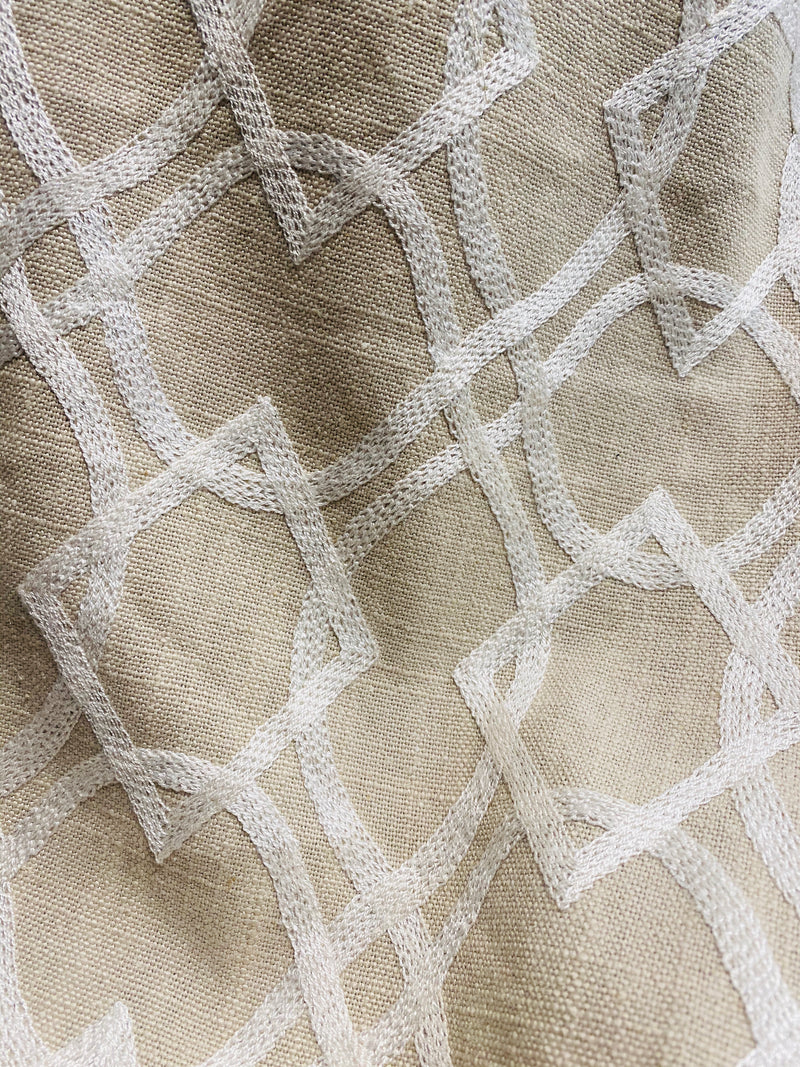 NEW! SALE! Prince Gregorian Novelty 100% Linen Fabric Geometric Embroidery- Natural and White