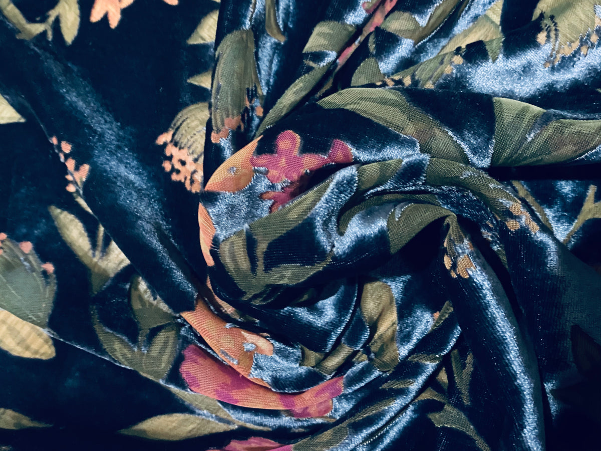 NEW! Miss Melanie Designer Rayon Burnout Velvet Floral Fabric - Dark Peacock Blue - Fancy Styles Fabric Pierre Frey Lee Jofa Brunschwig & Fils