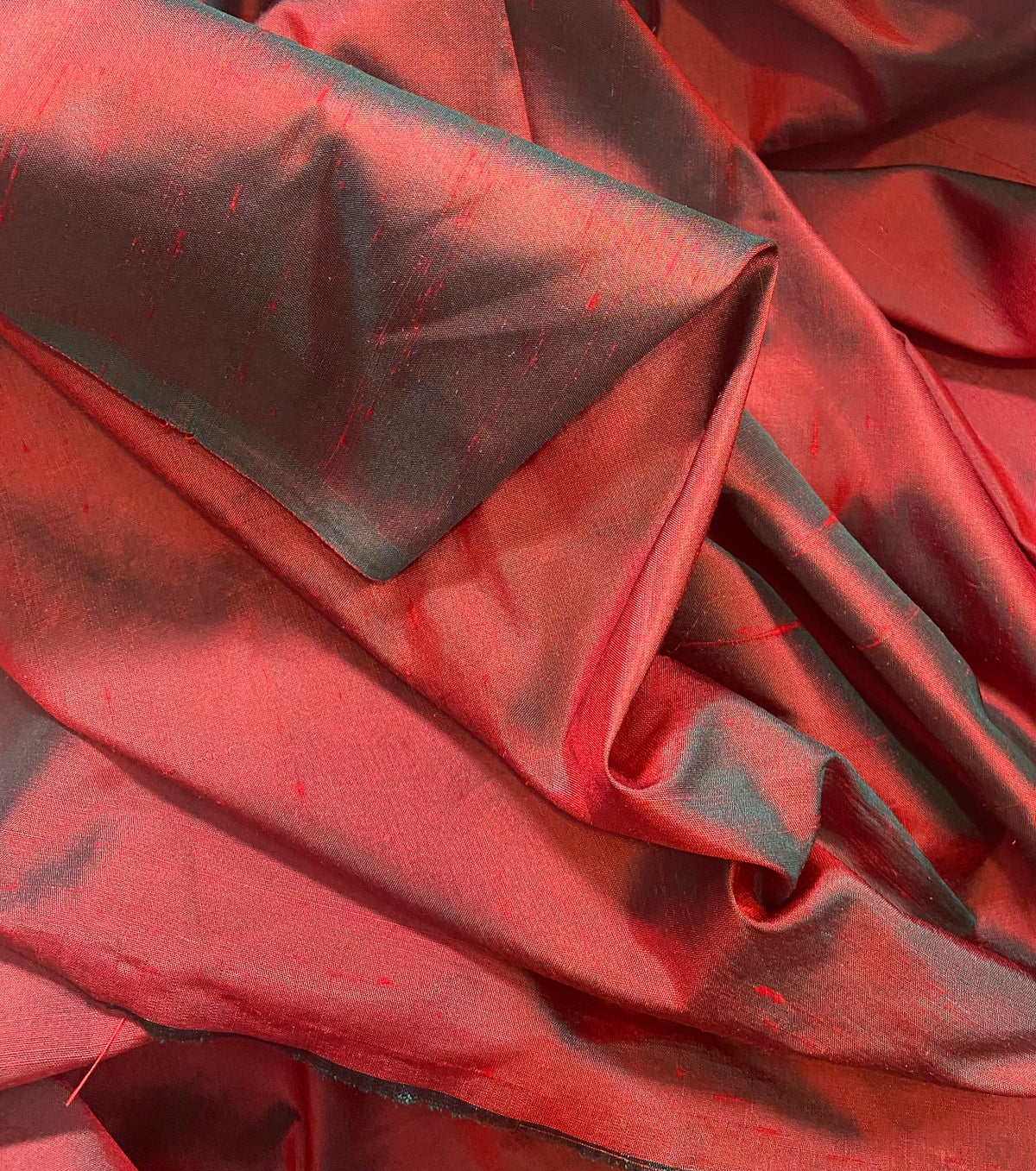 NEW Duchess Mable 100% Silk Dupioni Fabric Solid Red w/ Electric Green Iridescence - Fancy Styles Fabric Pierre Frey Lee Jofa Brunschwig & Fils