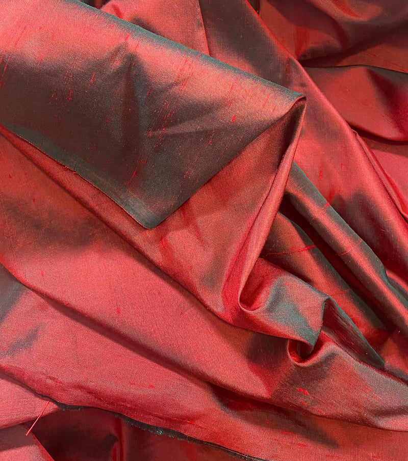 NEW Duchess Mable 100% Silk Dupioni Fabric Solid Red w/ Electric Green Iridescence