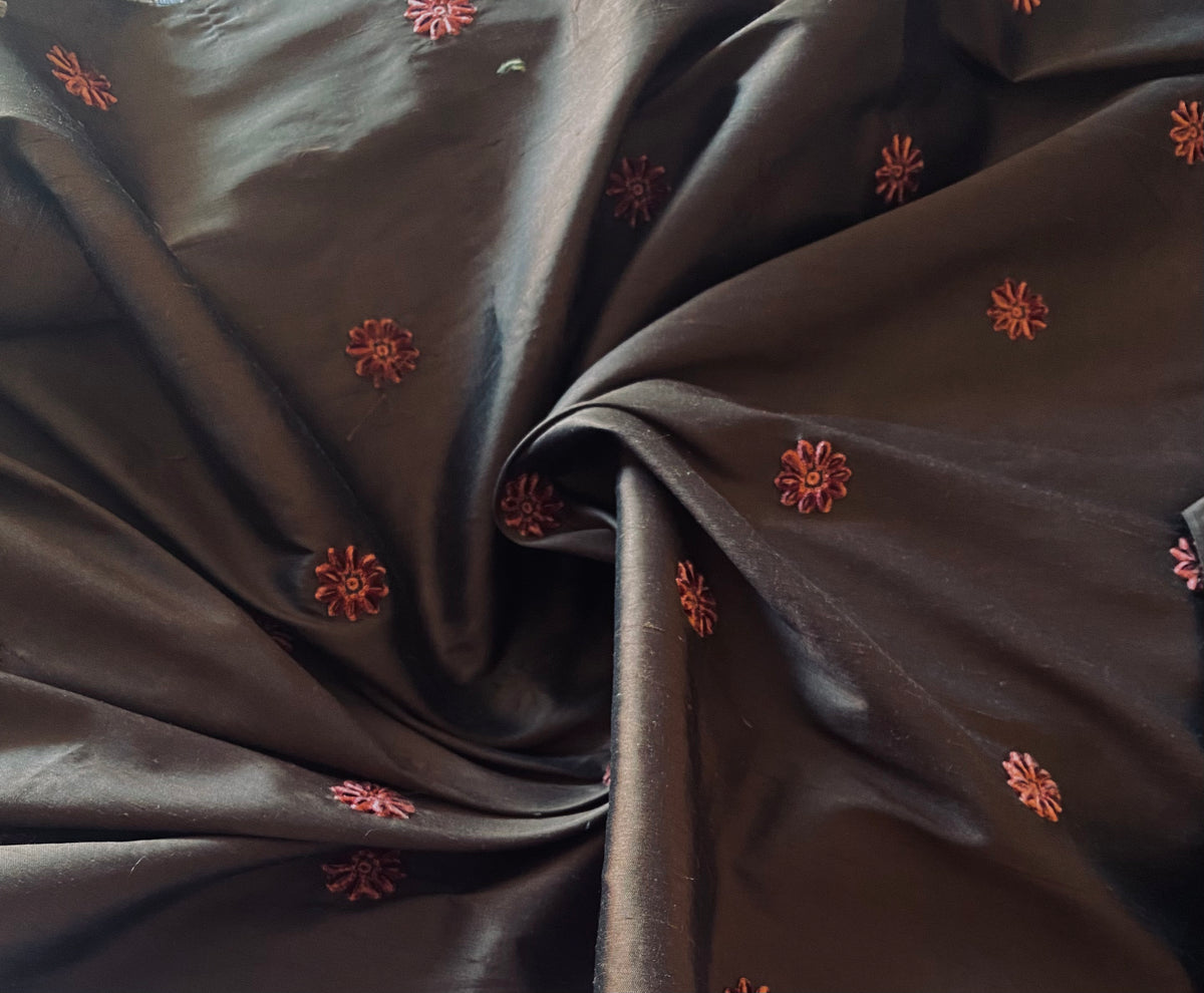 NEW! Lady Margaret- 100% Silk Dupioni with Coral Velvet Flowers Fabric - Chocolate Brown SB_3_17 - Fancy Styles Fabric Pierre Frey Lee Jofa Brunschwig & Fils