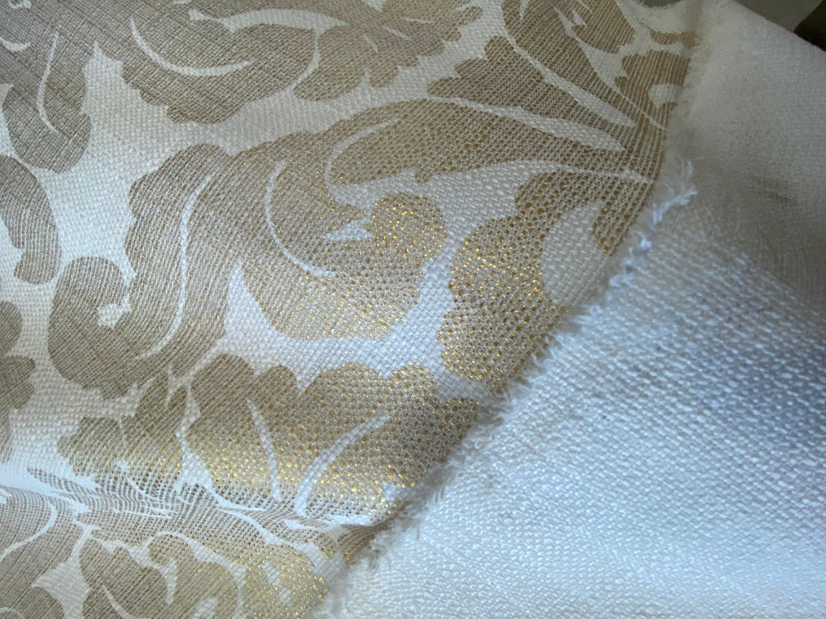 NEW Sir Jacques Metallic Linen Inspired Upholstery Damask Print Drapery Fabric- Gold White - Fancy Styles Fabric Pierre Frey Lee Jofa Brunschwig & Fils