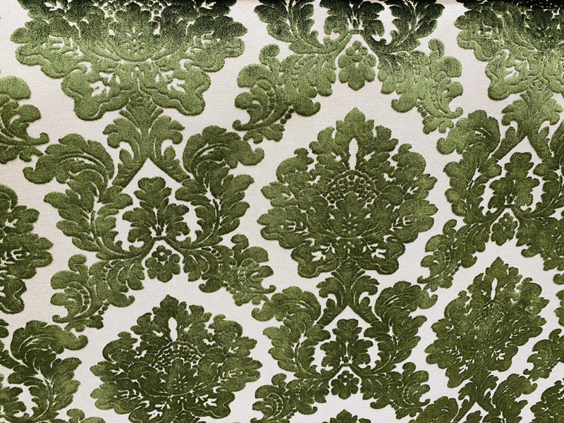 NEW! Duke Gabriel Designer Damask Burnout Chenille Velvet Fabric - Olive Green - Fancy Styles Fabric Pierre Frey Lee Jofa Brunschwig & Fils