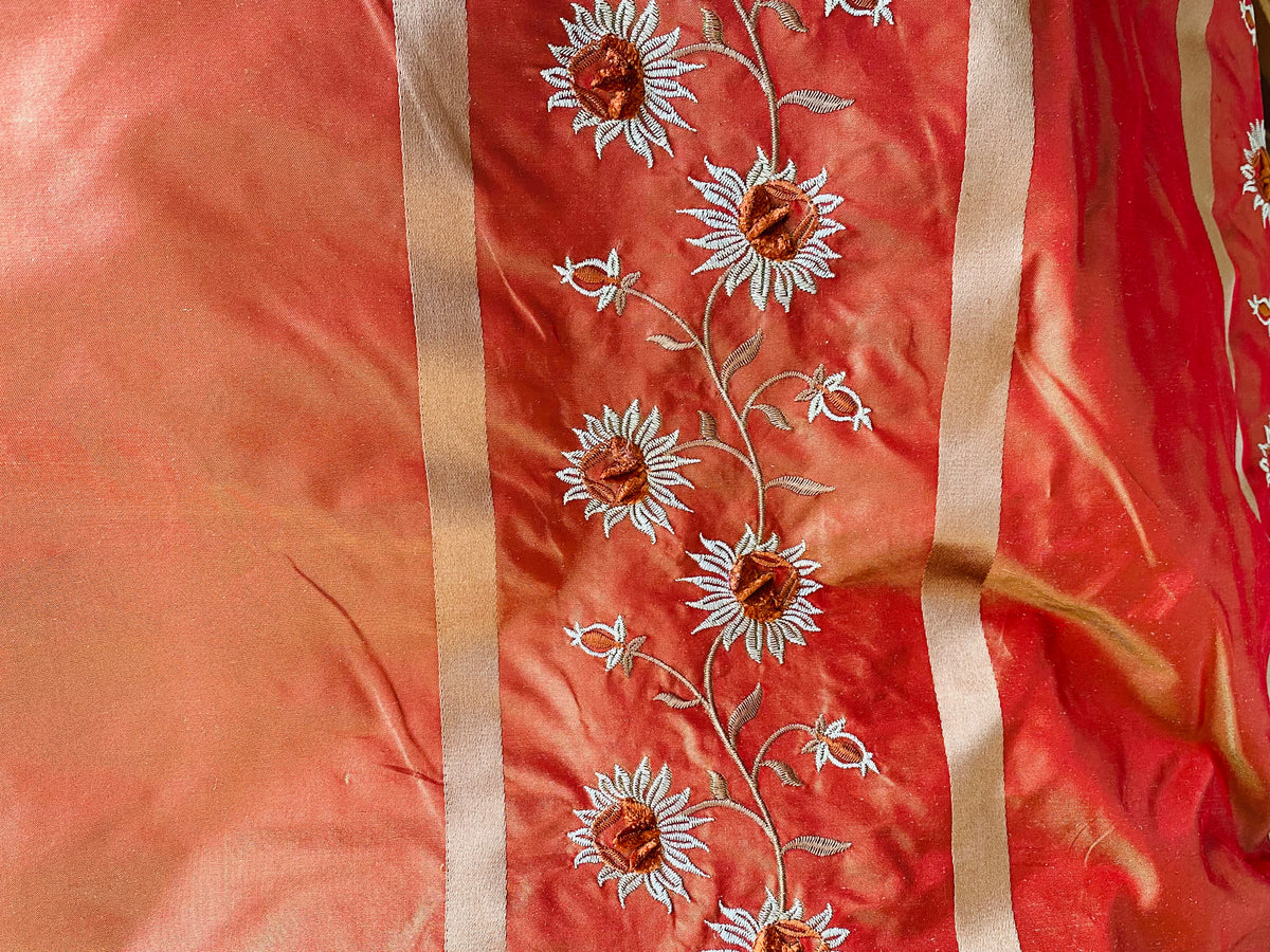 NEW Duchess Getty 100% Silk Taffeta Embroidered Scroll Stripe Floral Motif Cream Red with Gold Iridescence - Fancy Styles Fabric Pierre Frey Lee Jofa Brunschwig & Fils