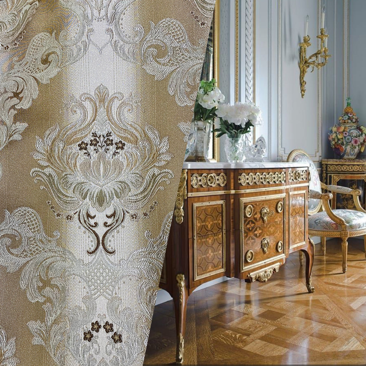 NEW King Louis XIV Novelty Neoclassical Brocade Medallion Floral Satin Fabric - Taupe - Fancy Styles Fabric Pierre Frey Lee Jofa Brunschwig & Fils