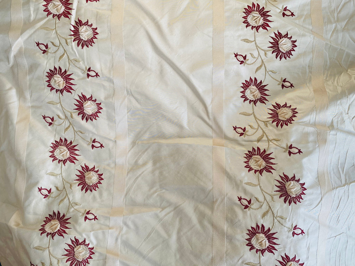 NEW Duchess Getty 100% Silk Taffeta Embroidered Scroll Stripe Floral Motif Cream White and Burgundy Red - Fancy Styles Fabric Pierre Frey Lee Jofa Brunschwig & Fils