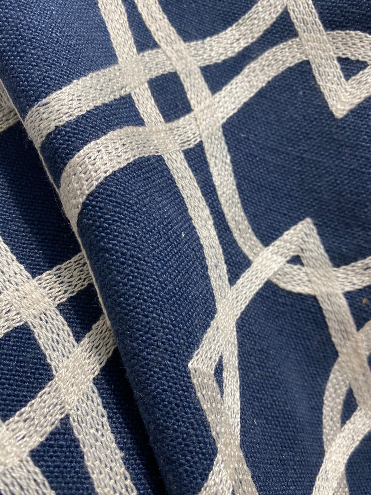NEW! SALE! Prince Gregorian Novelty 100% Linen Fabric Geometric Embroidery- Natural and Blue - Fancy Styles Fabric Pierre Frey Lee Jofa Brunschwig & Fils