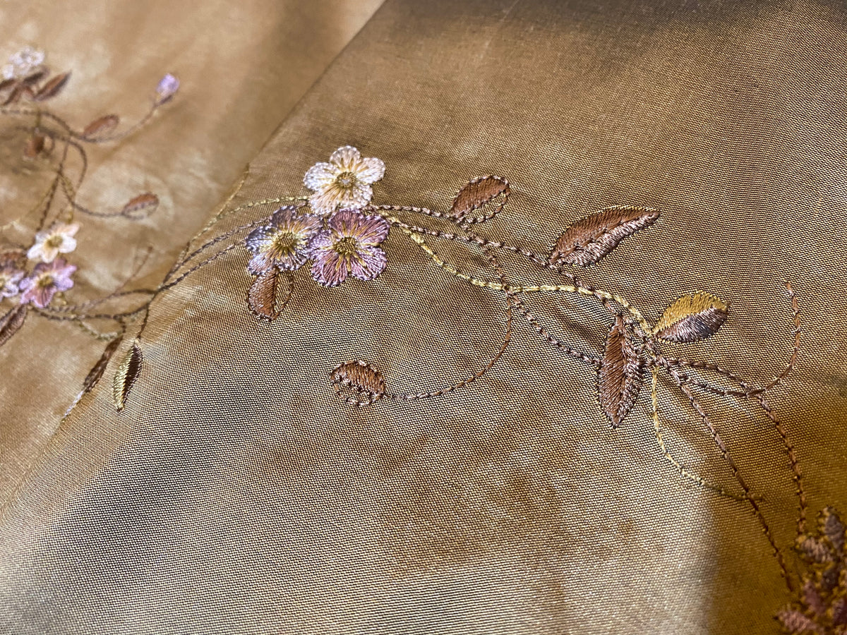 NEW! Duchess Rowena 100% Silk Dupioni Embroidery Floral Fabric- Old Gold - Fancy Styles Fabric Pierre Frey Lee Jofa Brunschwig & Fils