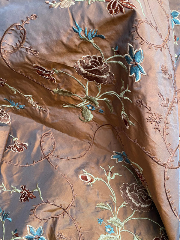 Fat Quarter: Queen Dragonia Novelty 100% Silk Dupioni Embroidered Floral Fabric - Copper Blue Iridescence - Fancy Styles Fabric Pierre Frey Lee Jofa Brunschwig & Fils