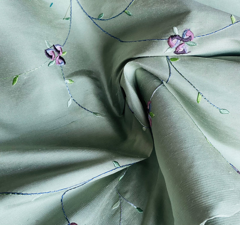 NEW Miss Jessica Designer 100% Silk Dupioni in Dusty Pistachio with Floral Embroidery- SB_3_6