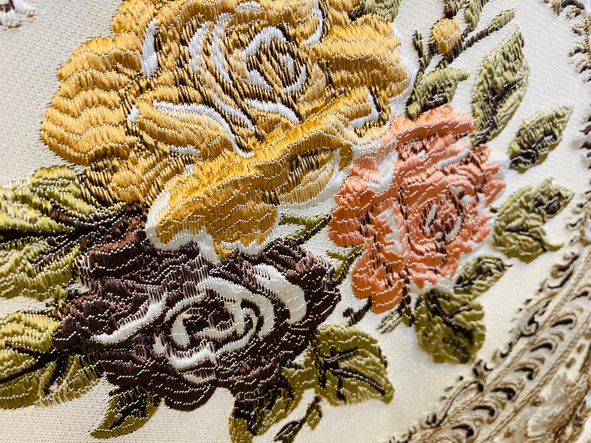 NEW Queen Rose Designer Brocade Satin Fabric- Antique Yellow Pink Roses - Upholstery - Fancy Styles Fabric Pierre Frey Lee Jofa Brunschwig & Fils