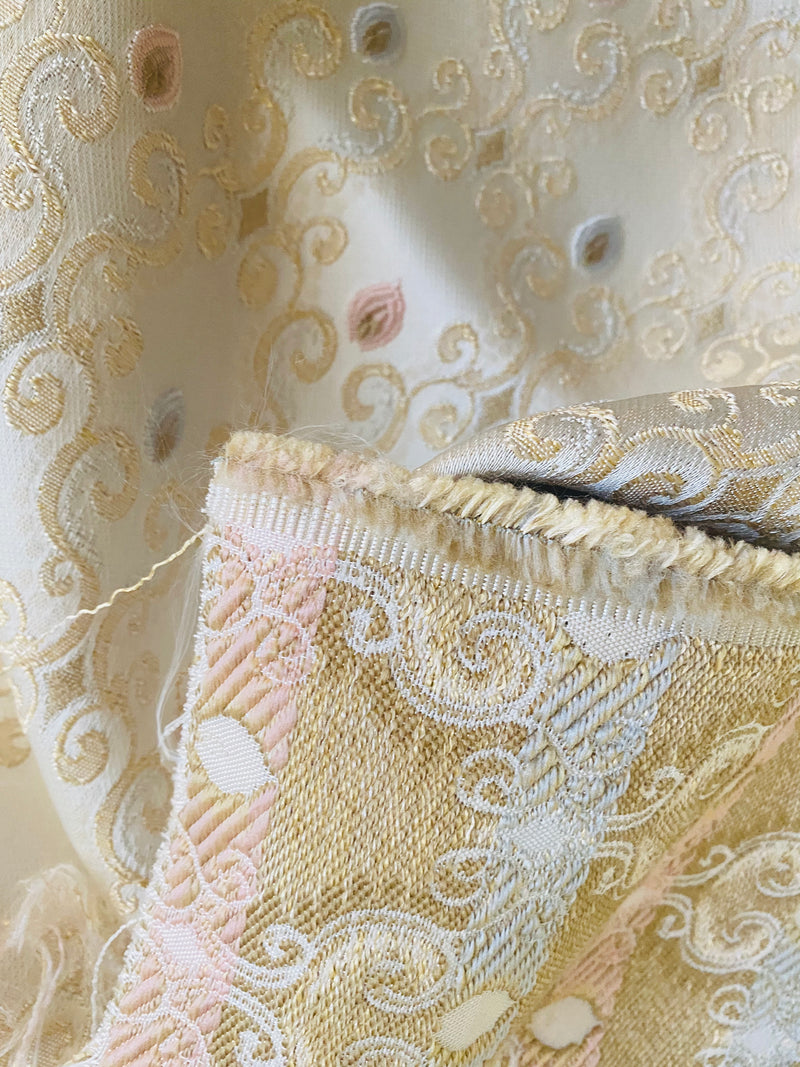 NEW Queen Chantal Novelty Ritz Neoclassical Brocade Dot Satin Fabric - Louis Cream White