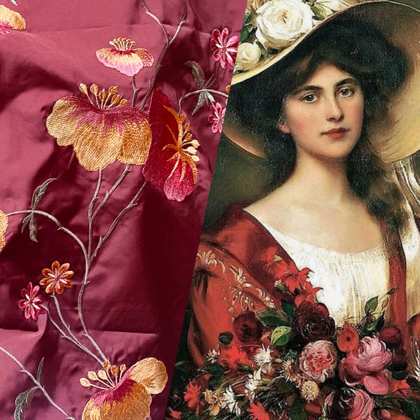NEW! Designer Faux Silk Taffeta Embroidered Floral Fabric- Terra Cotta Burnt Red - Fancy Styles Fabric Pierre Frey Lee Jofa Brunschwig & Fils