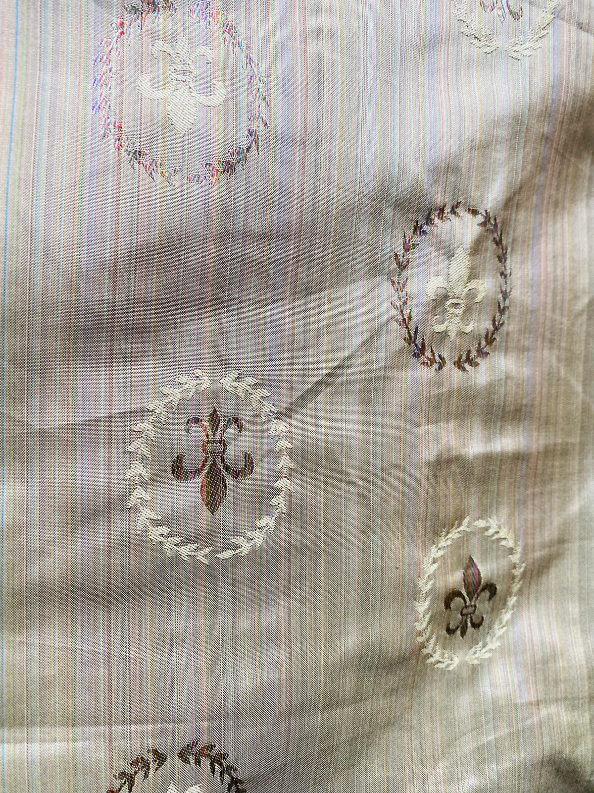 NEW Lady Brenda Novelty Medallion Embroidered 100% Silk Fabric in Multicolor Pinstripes - Fancy Styles Fabric Pierre Frey Lee Jofa Brunschwig & Fils