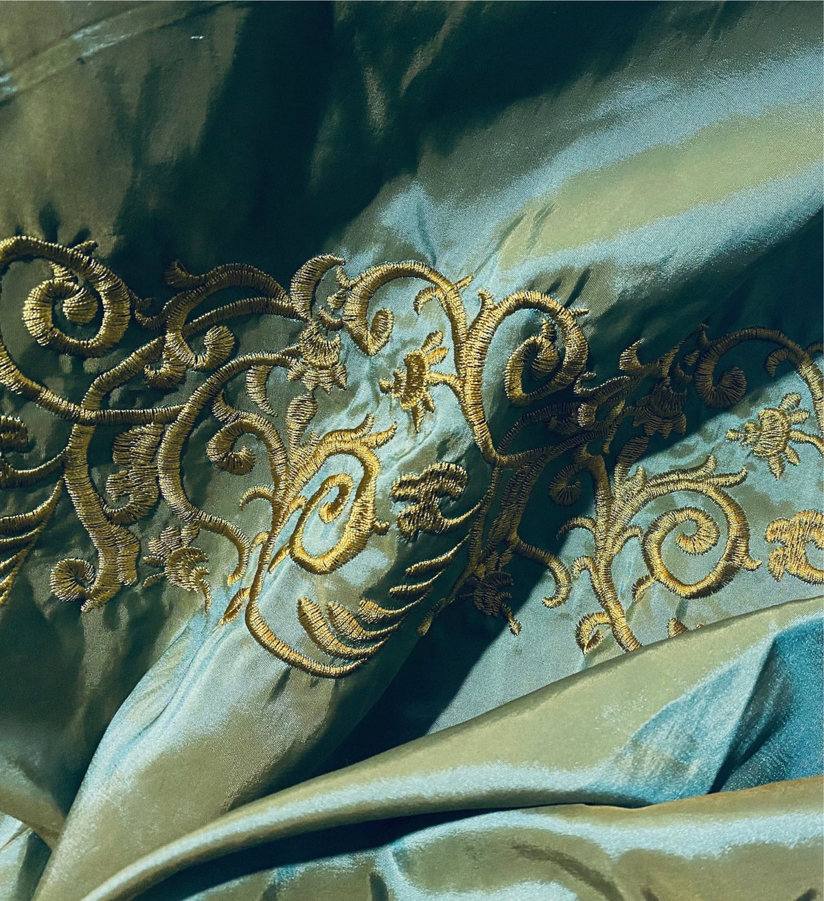 NEW Lady Linda Teal “Faux Silk”Embroidered Fabric in Teal and Gold - Fancy Styles Fabric Pierre Frey Lee Jofa Brunschwig & Fils