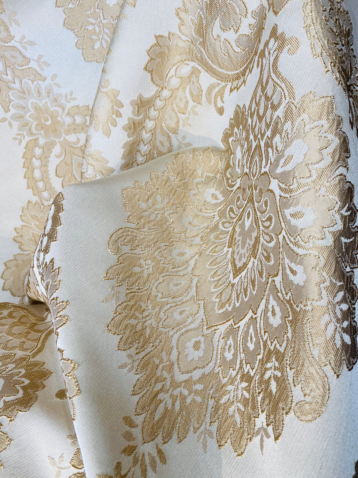 NEW! Prince Prescott Brocade Medallion Satin Fabric- Peach Gold and White - Fancy Styles Fabric Pierre Frey Lee Jofa Brunschwig & Fils