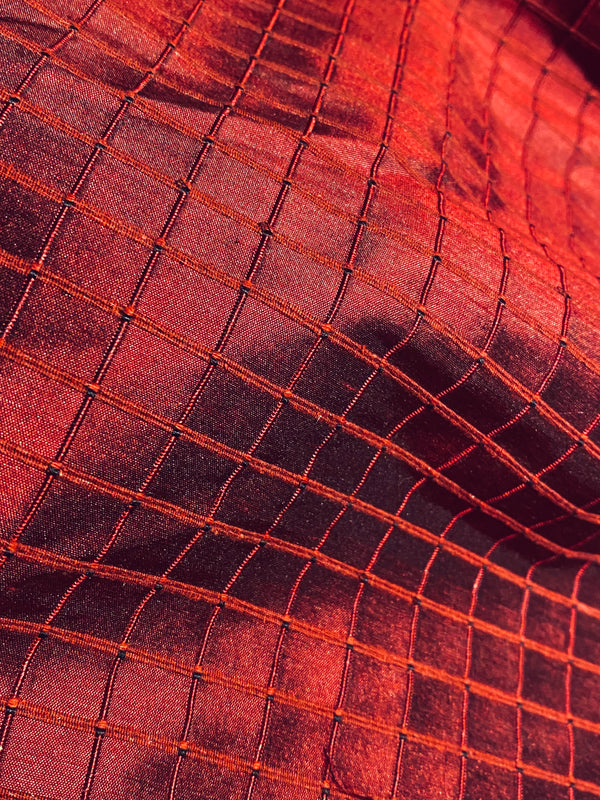 NEW Duchess Jenna 100% Silk Taffeta Fabric- Ruby Red with Embroidered Squares- SB_6_13 - Fancy Styles Fabric Pierre Frey Lee Jofa Brunschwig & Fils