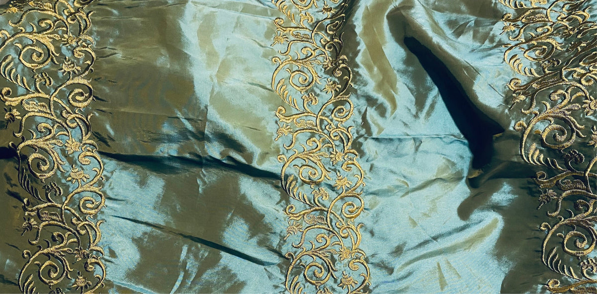 NEW Lady Linda Teal “Faux Silk”Embroidered Fabric in Teal and Gold - Fancy Styles Fabric Pierre Frey Lee Jofa Brunschwig & Fils