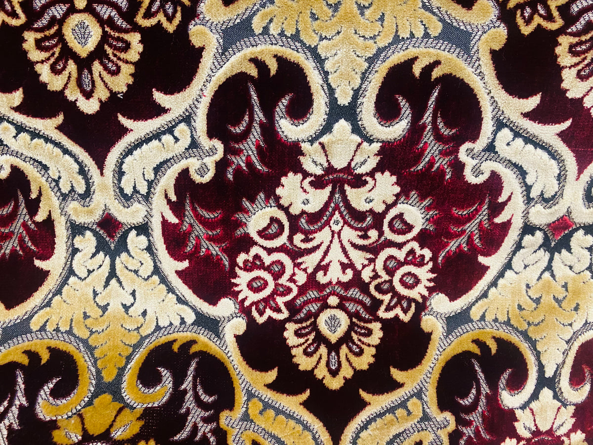 NEW Sir Scott Designer Italian Burnout Medallion Chenille Velvet Fabric Ruby Red and Beige Yellow- Upholstery - Fancy Styles Fabric Pierre Frey Lee Jofa Brunschwig & Fils