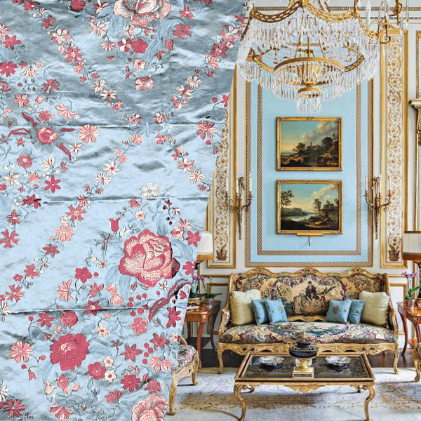 NEW! Custom-Order King Louis XIV Novelty 100% Silk Jacquard Embroidered Floral Upholstery Fabric- Duck Egg Blue and Rose - Fancy Styles Fabric Pierre Frey Lee Jofa Brunschwig & Fils