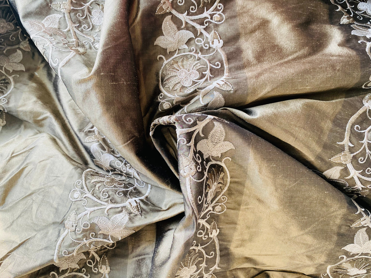 NEW Duchess Jezebel 100% Silk Taffeta Embroidered Scroll Stripe Floral Motif (no satin ribbon stripe) Old Gold - Fancy Styles Fabric Pierre Frey Lee Jofa Brunschwig & Fils