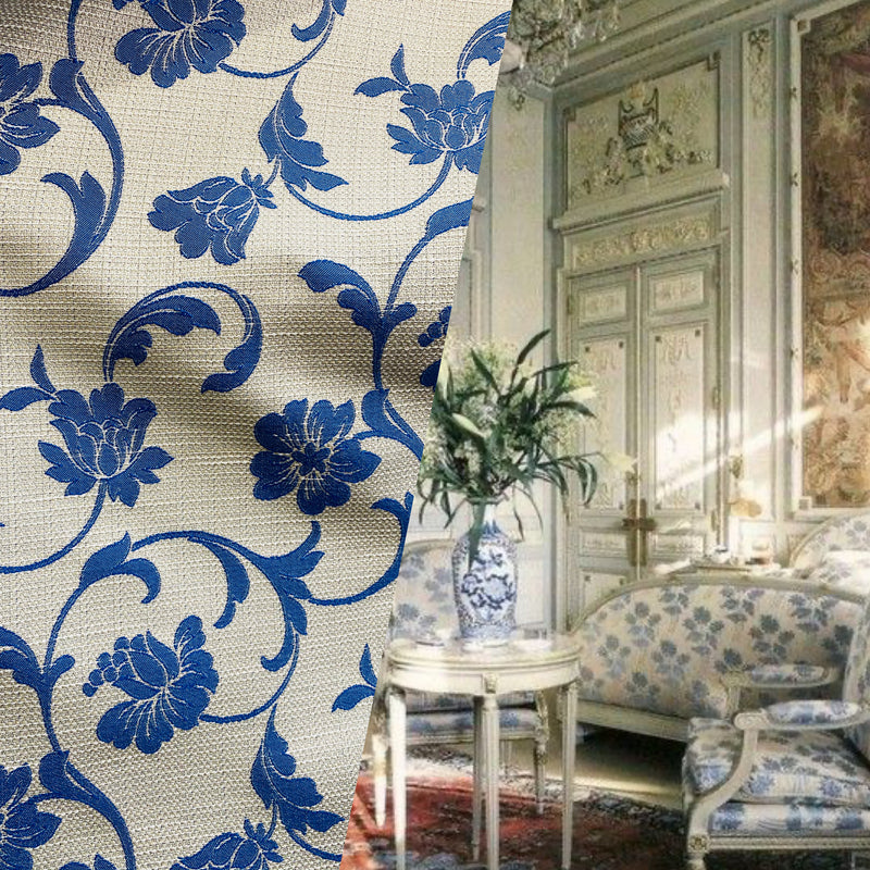 NEW! Lady Madoline Linen Inspired Woven Fabric French Blue Flowers On Natural