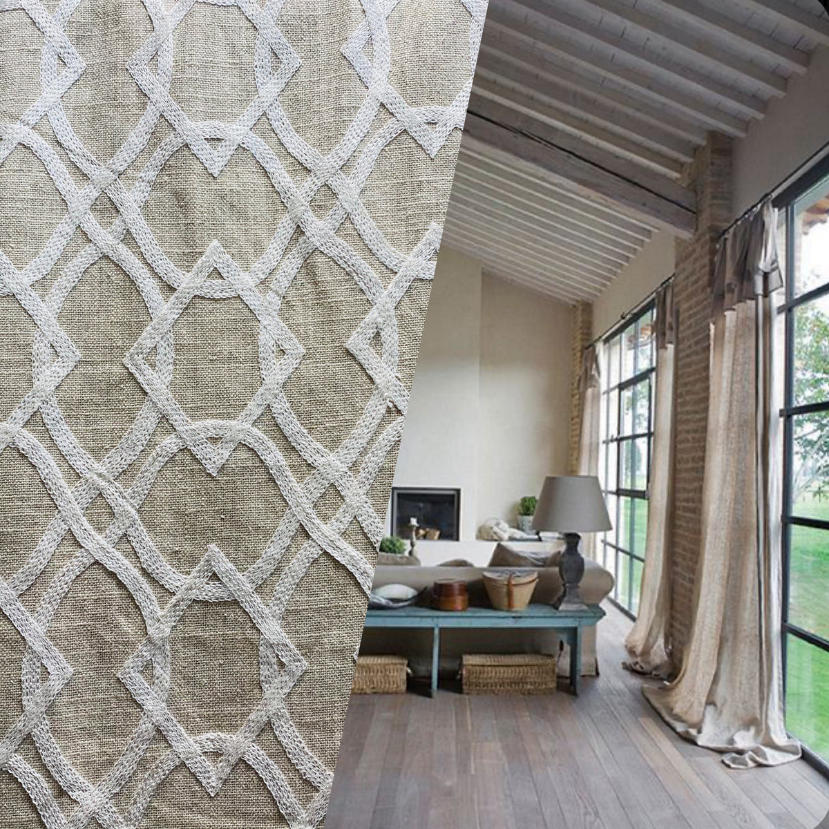 NEW! SALE! Prince Gregorian Novelty 100% Linen Fabric Geometric Embroidery- Natural and White - Fancy Styles Fabric Pierre Frey Lee Jofa Brunschwig & Fils